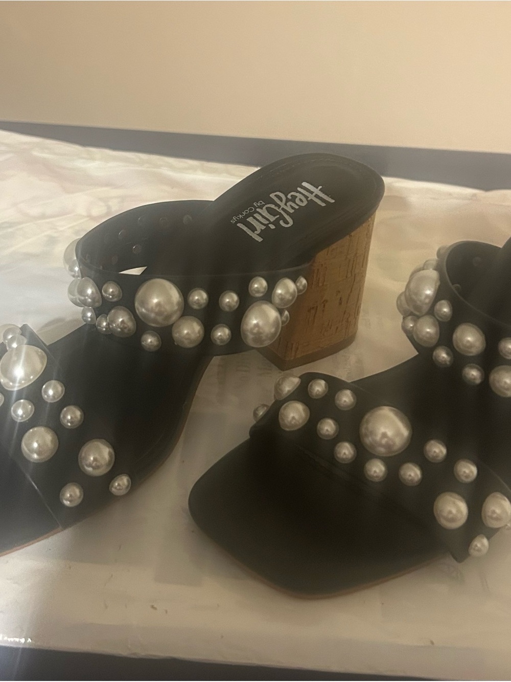 Black Pearl-Embellished Block Heel Sandals